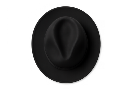 Black fedora hat top view isolated on transparent background illustrating fashion style and accessory