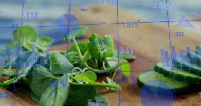 Knife entering right slicing cucumber into rounds, greens moving, overlay scrolling, showing prep