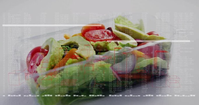 On play, clamshell salad remaining stationary while HUD overlays sliding in to show product data