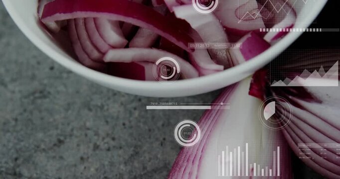 Camera pulling back showing bowl and halved red onion while HUD overlays rising showing nutrition