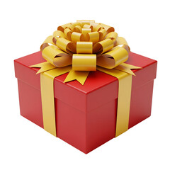 A beautifully wrapped gift box with a golden bow, perfect for any occasion. The vibrant red box is adorned with a luxurious golden ribbon, making it an ideal present isolated on transparent background