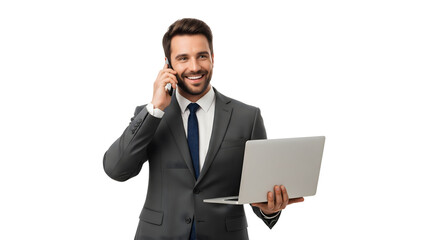 A smiling businessman holding a laptop and talking on the phone, looking successful and professional, isolated on transparent background
