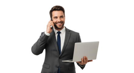 A smiling businessman holding a laptop and talking on the phone, looking successful and professional, isolated on transparent background