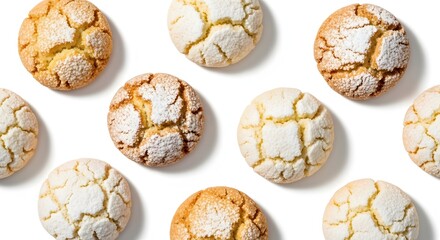 Sweet Delight: A close-up shot of an array of golden-brown and cream-colored cookies, each dusted with a delicate layer of powdered sugar, arranged in a visually appealing pattern.