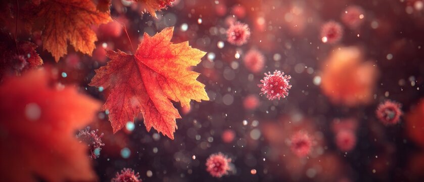 Year-end harmony: maple leaves in dreamy fall light. Airborne pathogens. Red and yellow leaves: autumn web banner's serene light. Microbe contamination. Floating bacteria.