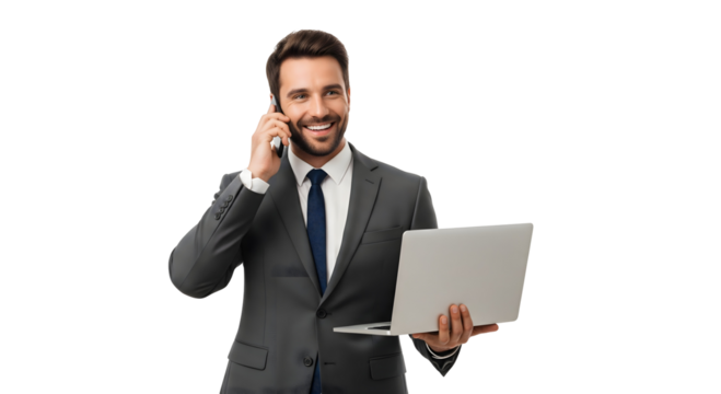 A smiling businessman holding a laptop and talking on the phone, looking successful and professional, isolated on transparent background