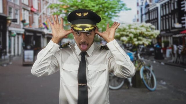 Man pilot in white uniform and cap pulls hands to ears and sticks out tongue on an urban street with bicycles and storefronts; playful mischief.