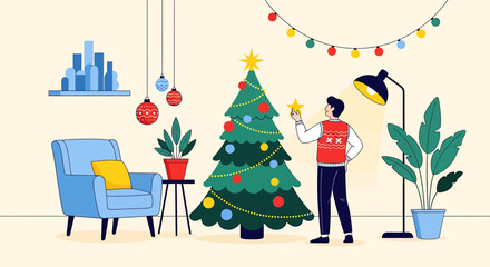 Festive Christmas Scene - Man Decorating Tree in Cozy Living Room.