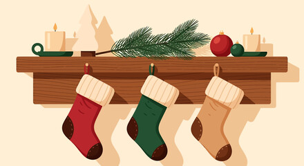 Festive Christmas Stockings Hanging on a Wooden Mantelpiece.