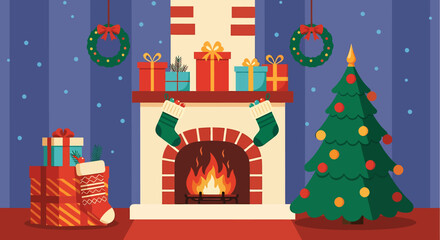 Festive Christmas Scene with Fireplace, Tree, and Gifts Illustration.