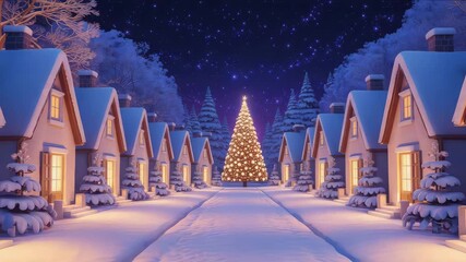 Enchanting winter village glows with holiday magic as snow gently falls on Christmas Eve night - Powered by Adobe