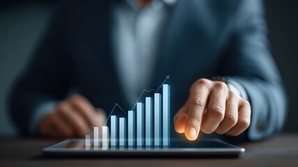 A business professional's hand pointing at a glowing blue bar chart on a digital tablet screen, data analysis concept.