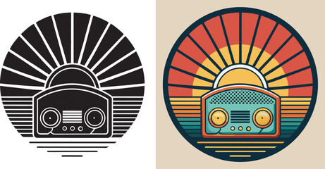 Retro radio emitting vibrant sun rays, evoking nostalgia and classic music vibes for a vintage aesthetic
