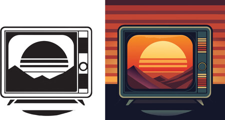Retro television displays a vibrant sunset over majestic mountains, evoking nostalgia and a sense of adventure.