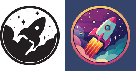 Dynamic rocket blasting through colorful clouds into starry space, symbolizing innovation and cosmic exploration for forward-thinking brands.