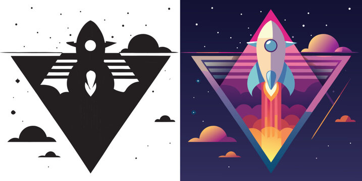 Dynamic retro rocket blasts off into vibrant cosmic nebula, symbolizing innovation and futuristic exploration