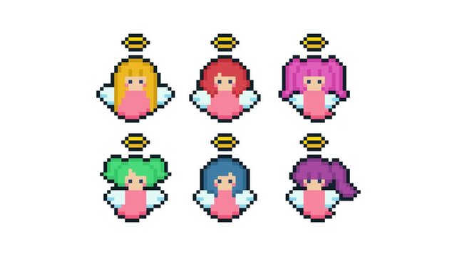 8-bit pixel art cute baby angel girl set. looped animation 4k 30fps