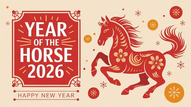 Chinese New Year 2026 Celebration Horse Illustration with Red and Gold Colors Festive Design for Greeting Cards Invitations and Decorations Ideal for Cultural Events and Holiday Marketing