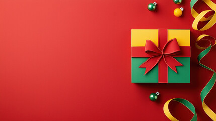 Christmas gift box with red ribbon on red background with festive ornaments and ribbon creating joyful holiday atmosphere