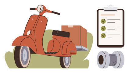Vintage scooter carrying package, checklist with marked items, tape roll symbolizing delivery, shipping, e-commerce, logistics, organization, productivity and business planning. Minimal flat