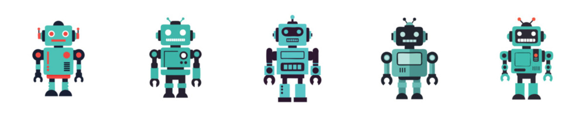 Fototapeta premium Robot Vector Set Flat Design Retro Cute Mechanical Robots Collection