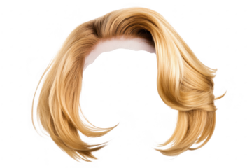 A stylish. voluminous blonde wig with soft waves and natural highlights. displayed on a white background. ideal for fashion photography or hairdressing showcases