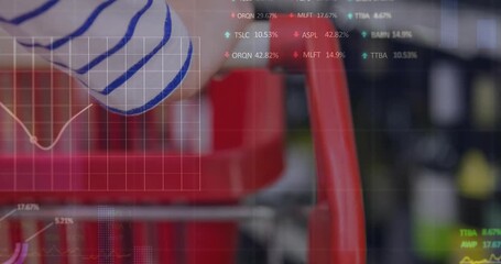 Shopper gripping red cart handle in grocery aisle, HUD appearing over handle updating retail graphs - Powered by Adobe