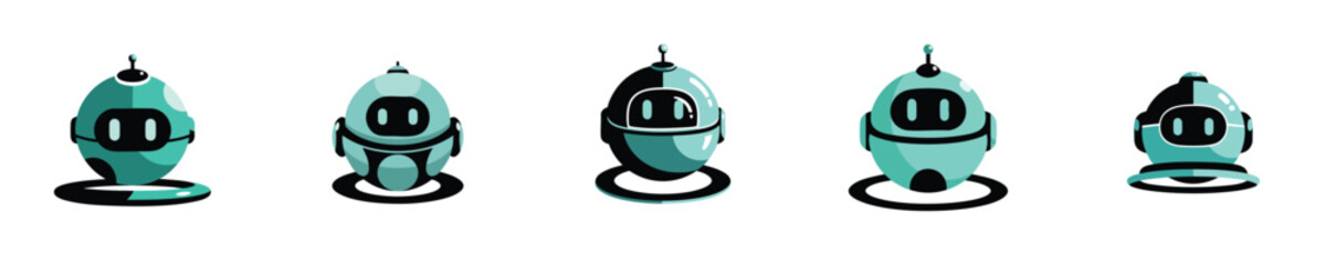Robot Vector Illustration Futuristic Round Flat Design Friendly Bot Set
