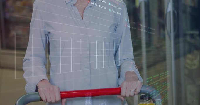 Woman holding cart handle sparking finance data over torso or cart plotting price trends for insight - Powered by Adobe