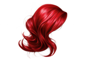 A cascade of flowing red hair elegantly styled and arranged against a smooth white background. its rich color and texture. ideal for beauty or fashion themes