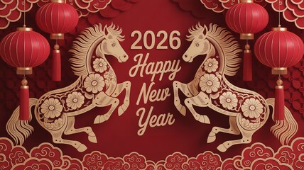 Chinese New Year 2026 Celebration Card with Red Lanterns and Golden Horses Festive Design Elements for Greeting Cards Invitations and Decorations