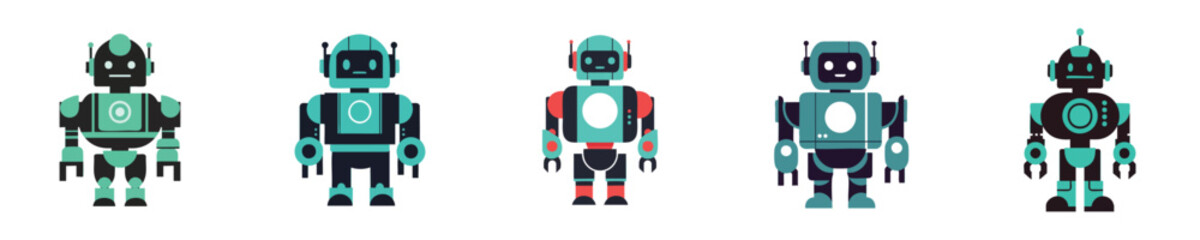Fototapeta premium Robot Vector Flat Design Modern Humanoid Cute Mechanical Character Set