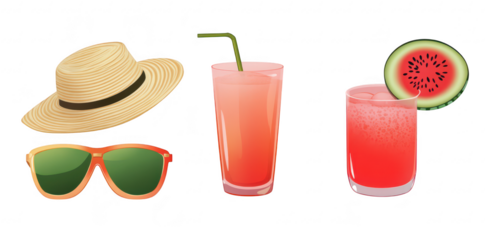 A summer scene featuring a straw hat. stylish sunglasses. and refreshing pink beverages. with a slice of watermelon. ideal for vacation or leisure-themed visuals