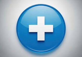 Obraz premium Glossy blue circular button prominently displays a white addition symbol against a light gray background