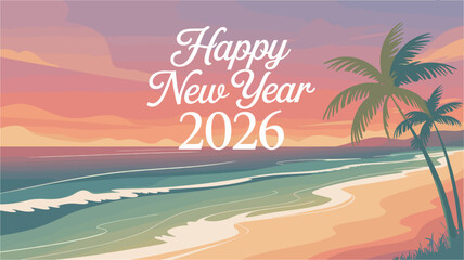 Happy new year 2026 greeting design with tropical beach scene