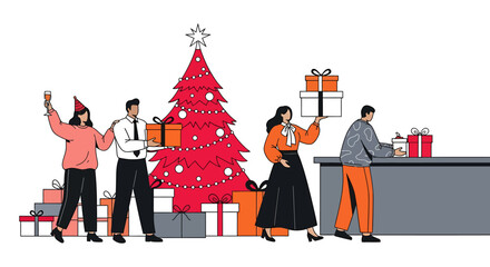 Festive Office Celebration - Colleagues Exchanging Gifts by Christmas Tree.