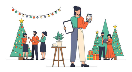 Festive Office Party with Focused Woman Holding Tablet.