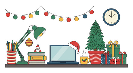 Festive Workspace - Christmas Decorations Adorn a Desk with Laptop and Gifts.
