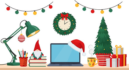 Festive Workspace - Christmas Decorations Adorn Desk with Laptop and Gifts.