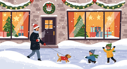 Festive Winter Scene - Family, Dog, and Christmas Decorations.
