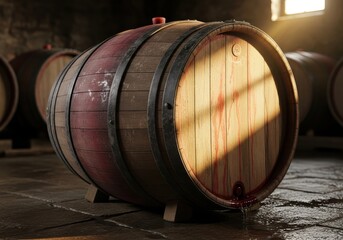 Wooden wine cask resting on wooden chocks in a dimly lit cellar with liquid dripping from the spigot