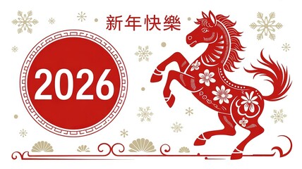 Chinese New Year 2026 Celebration Card with Red Horse and Snowflakes Traditional Design Element for Greeting Cards Invitations and Decorations