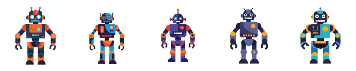 Naklejka premium Robot Vector Retro Futuristic Colorful Flat Design Sci Fi Humanoid Bot Collection