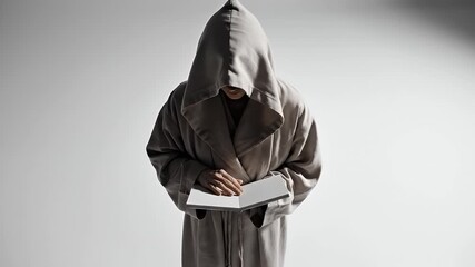 A person dressed in a long, hooded robe is bowing while holding a closed book against a plain, light-colored background, creating a mysterious and contemplative atmosphere