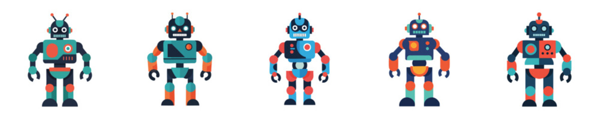 Robot Vector Colorful Retro Sci Fi Flat Humanoid Cartoon Illustration Set