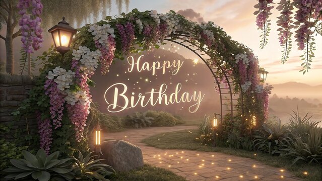 A dreamy garden arch decorated with cascading orchids, blooming roses and natural greenery forming a romantic fairytale scene ideal for invitations and happy birthday celebration photography.