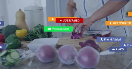 Woman chopping onion on board for cooking, play prompt appearing badges hiding hands then clearing