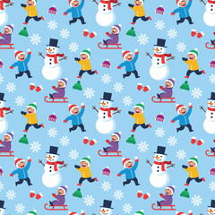 Snowman Pattern Vector. Seamless Snowman Pattern with happy children laughing in winter. Winter fun with kids. seamless pattern Background.
