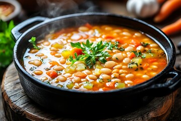 Steaming hot fasolada bean soup in a rustic cast iron pot, garnished with fresh parsley on a wooden surface