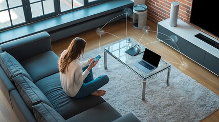 Top View Of Caucasian Woman In the Loft Apartment Sitting On Carpet Next To Couch and Connecting Smartphone to Smart Home System. VFX Edit Visualizing Connected Devices. Laptop, TV, Speaker.